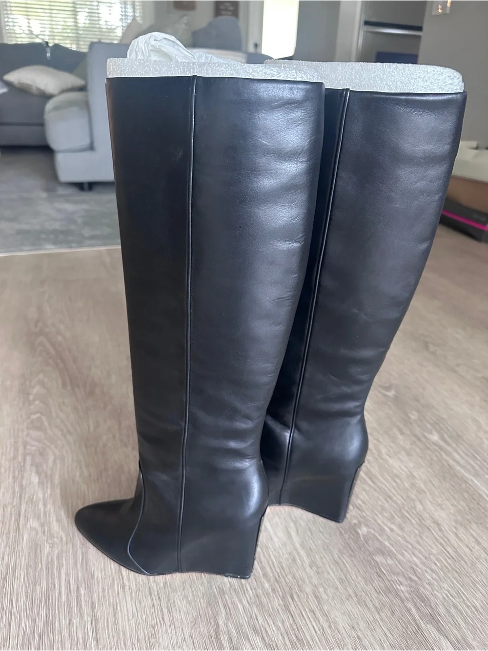 BCBGMAXAZRIA NWT Black Knee-high Leather Boots with Studded Wedge Heel